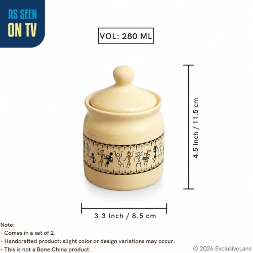 Image 7 of ExclusiveLane Art Of Warli Ceramic Pickle Jars for Dining Table (Set of 2, 280 ml)