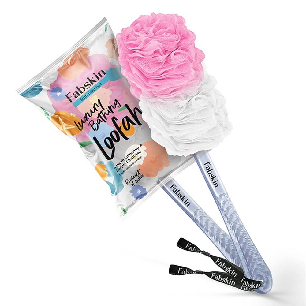 Image 1 of 1 Pc / Pack of 1 for the product Fabskin Bath Brush Loofah For Men & Women With Long Plastic Handle Pink & White
