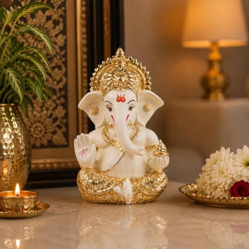 Image 3 of Gold Art India Ganesha Idol for Car Dashboard & Kamdhenu Idol for Vastu Decor (Gold Off White (Cream), Oval)