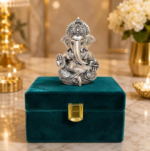 Image 4 of Gold Art India Ganesha Idol for Car Dashboard & Kamdhenu Idol for Vastu Decor (Silver, Oval)