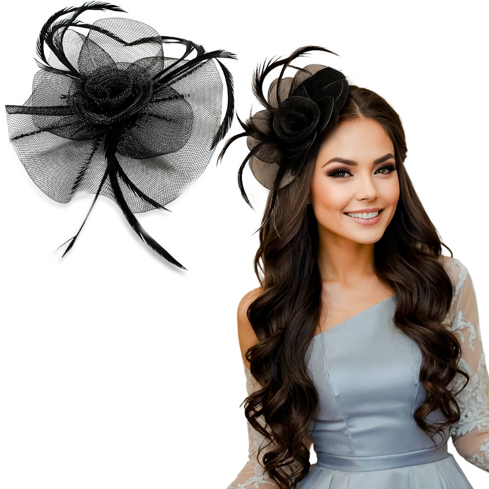 Image 1 of 1 pc for the product Majestique Elegant Fascinator Hat With Mesh Veil And Feather - Black