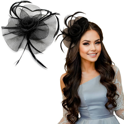 Image 1 of 1 pc for the product Majestique Elegant Fascinator Hat With Mesh Veil And Feather - Black