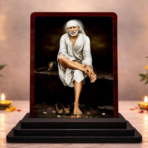 Image 1 of Default Title for the product 4x5 Inch Sai Baba Wooden Idol with HD Print | Peaceful Aura Desk & Temple Decor