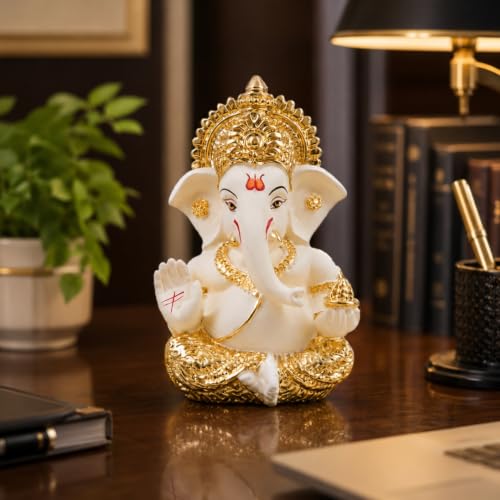 Image 6 of Gold Art India Ganesha Idol for Car Dashboard & Kamdhenu Idol for Vastu Decor (Gold Off White (Cream), Oval)