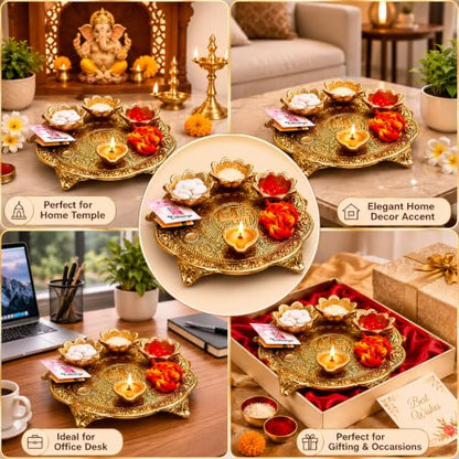 Image 6 of Chhariya Crafts Metal Pooja Thali With Diya (1 Pieces, Gold)