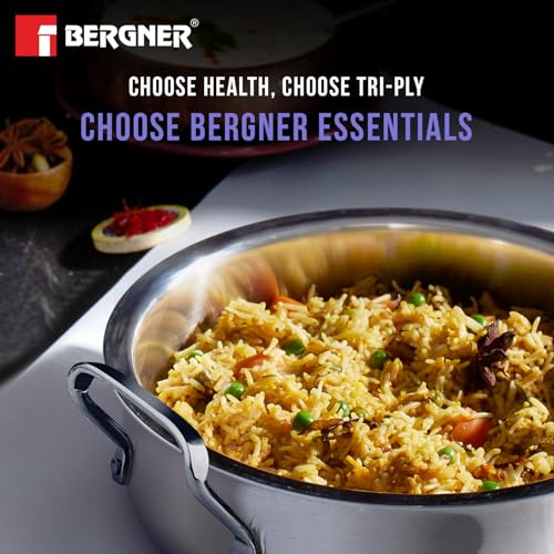 Image 7 of BERGNER BE Essentials TriPro Tri-Ply 7 Pcs Cookware Set of Rice Handi 24cm (5.5 L) with Lid, Biryani Handi 28cm (6.4 L) with Lid, Sautepan 22cm (2 L), Coffee Warmer 12cm (800ml), Tadkapan 10cm (300ml)