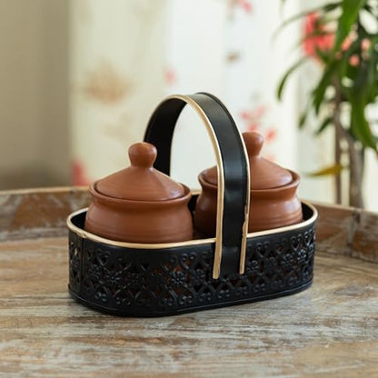 Image 1 of Default Title for the product ExclusiveLane Warli Village Tales Handcrafted Ceramic Pickle Jar Set of 2, 250 ML
