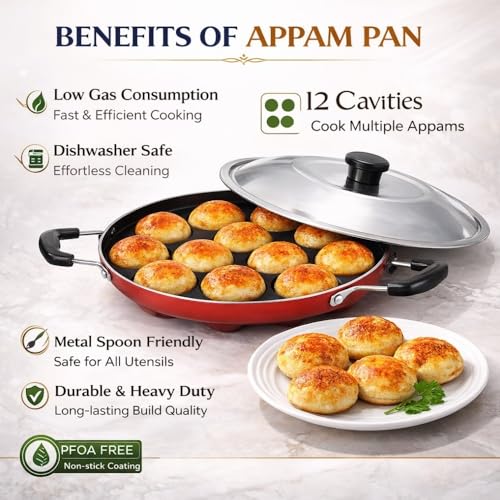 Image 4 of Generic Non-Stick Paniyaram Pan, Red, 12 Cavity, with Stainless Steel Lid and Tongs