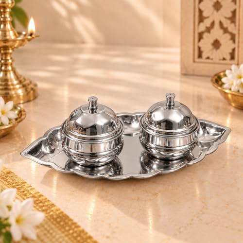 Image 1 of Default Title for the product Spillbox Traditional Handcrafted Stainless Steel Thali kumkum Holder Stand Plate for Pooja/Puja Worship Oval 2 Bowl-Small Leaf- Silver