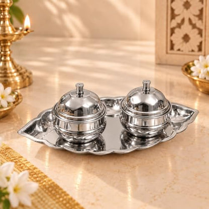 Image 1 of Default Title for the product Spillbox Traditional Handcrafted Stainless Steel Thali kumkum Holder Stand Plate for Pooja/Puja Worship Oval 2 Bowl-Small Leaf- Silver