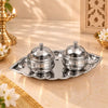 Image 1 of Default Title for the product Spillbox Traditional Handcrafted Stainless Steel Thali kumkum Holder Stand Plate for Pooja/Puja Worship Oval 2 Bowl-Small Leaf- Silver