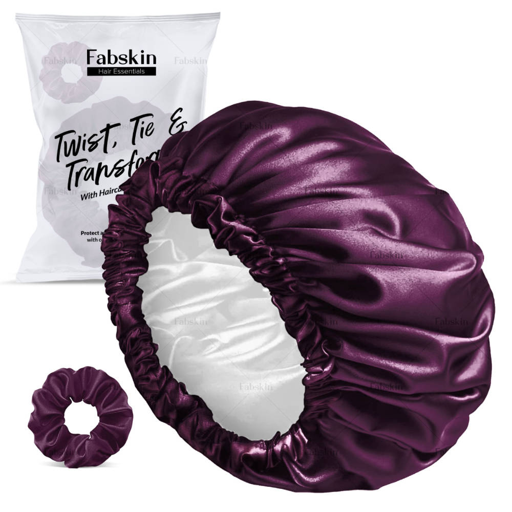 Image 1 of Set Of 2 / Pack of 1 for the product Fabskin Luxury Satin Silk Hair Bonnet Cap For Sleeping With Satin Scrunchie - Wine Color