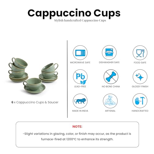 Image 5 of ExclusiveLane Sage Serenity Hand Glazed Porcelain Tea Cups Set of 6 with Saucer Cappuccino Coffee Cups Chai Tea Cup 280 ML