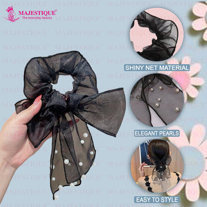 Image 3 of Majestique Pearl Bow Scrunchies Net Ponytail Holder, Stretchable Rubber Band Hair Accessories -1 Pc