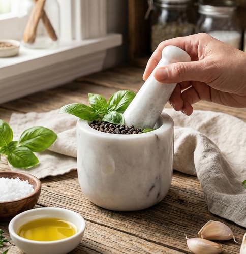 Image 3 of KLEO 3.5" Wide White Marble Stone Mortar and Pestle Set