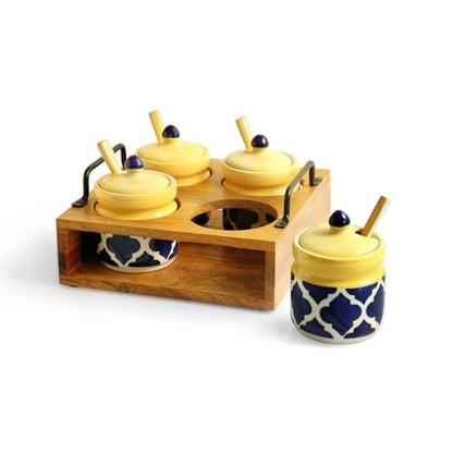 Image 3 of ExclusiveLane 'Moroccan' Ceramic Pickle Jars for Dining Table With Spoon & Wooden Holder (Set Of 4, Non-Airtight, 310 ml) | Pickle Jar With Spoon Achar Jar Set Achar Container Set for Dining Table|