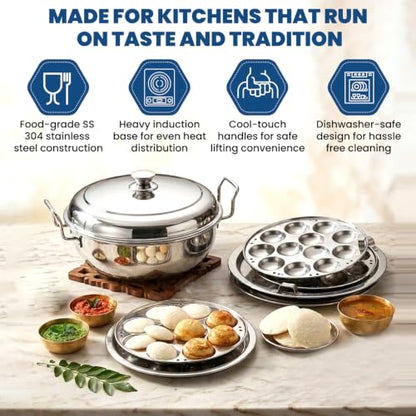 Image 3 of EVERMONT Stainless Steel Multi-Purpose Idli Maker & Steamer for Kitchen | 7 Plates (2 Idli, 2 Mini Idli, 2 Dhokla, 1 Steamer) | Induction & Gas Compatible Multi Kadai | Steamer for Momos, Modak & Vegetables | Heavy Bottom SS 304