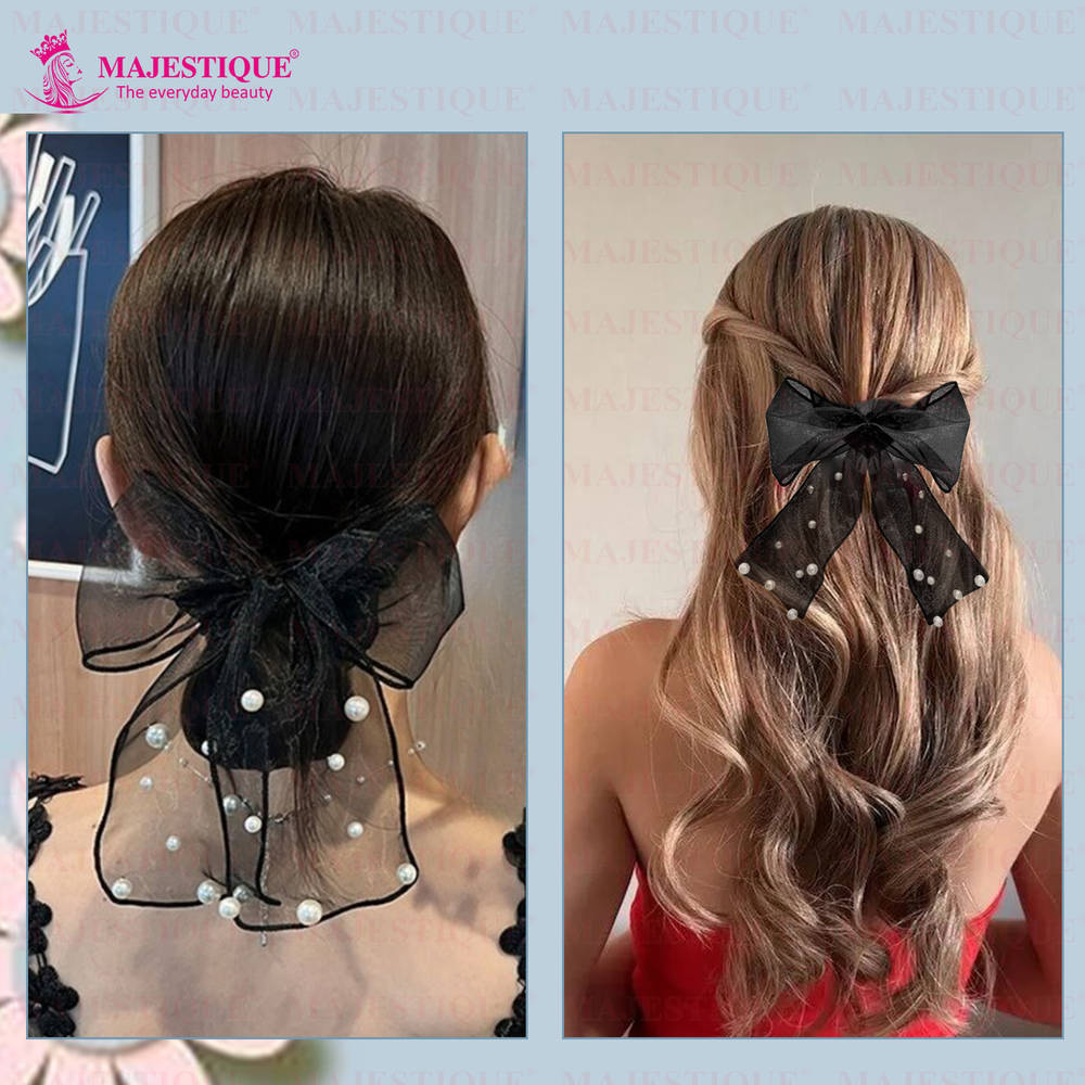 Image 4 of Majestique Pearl Bow Scrunchies Net Ponytail Holder, Stretchable Rubber Band Hair Accessories -1 Pc
