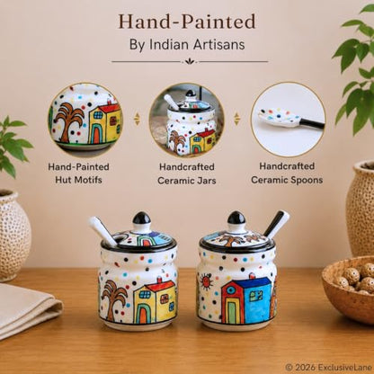 Image 3 of ExclusiveLane Hut Handpainted Ceramic Pickle Jars with Spoon & Lid Set