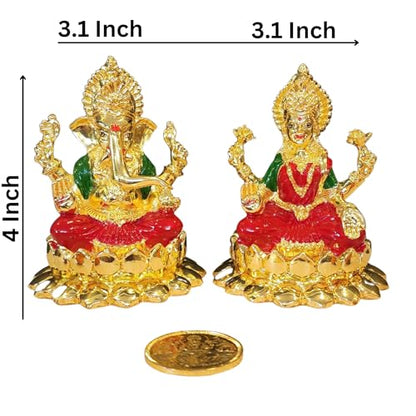 Image 4 of Gold Art India Kamal Laxmi Ganesha Gold Plated Idol with Enamel Color and Gold Plated Coin (4" Inch)