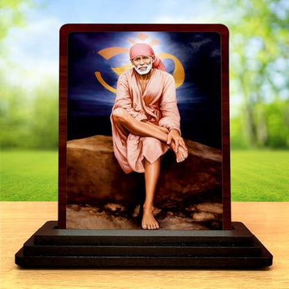 Image 1 of Timeless Prayer Sai Baba Wooden Table Idol 4x5 Inch HD Printed Decorative Piece