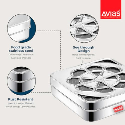Image 3 of AVIAS Flora 9 Square Stainless Steel Spice Box With See-Through Glass Lid
