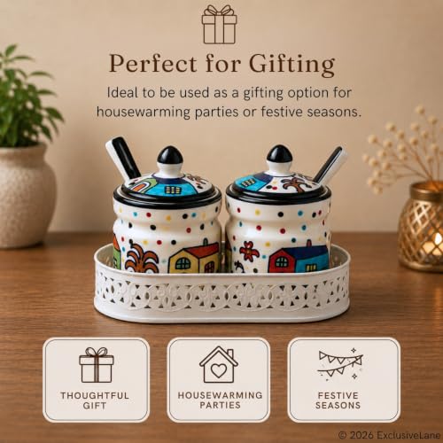 Image 6 of ExclusiveLane The Hut Ceramic Pickle Jars with Spoons & Iron Tray Set of 2 280 ml