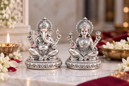 Image 6 of Gold Art India Lakshmi Ganesha Idol 999 Silver Plated | Laxmi Ganesh Ji Murti for Diwali Pooja, Home Mandir, Office & Gifting | Ganpati Laxmi Idol Set with Premium Gift Box