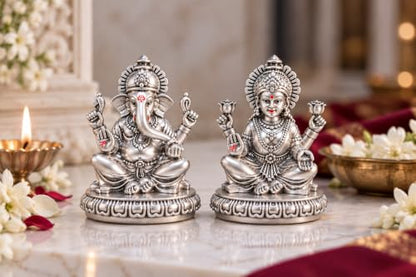 Image 6 of Gold Art India Lakshmi Ganesha Idol 999 Silver Plated | Laxmi Ganesh Ji Murti for Diwali Pooja, Home Mandir, Office & Gifting | Ganpati Laxmi Idol Set with Premium Gift Box