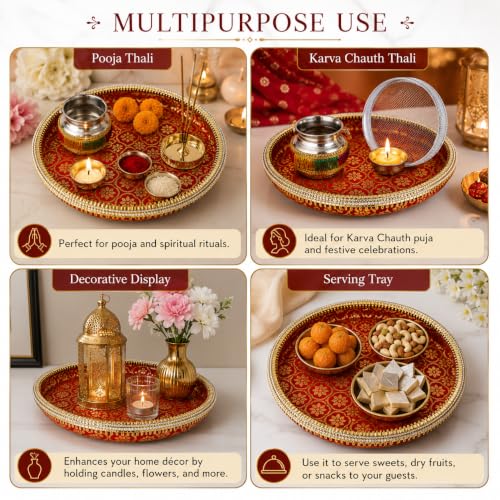 Image 5 of Pure Source India Traditional Banarasi Floral Brocade Design Karwa Chauth Pooja Thali Set with Channi, Karwa Lota