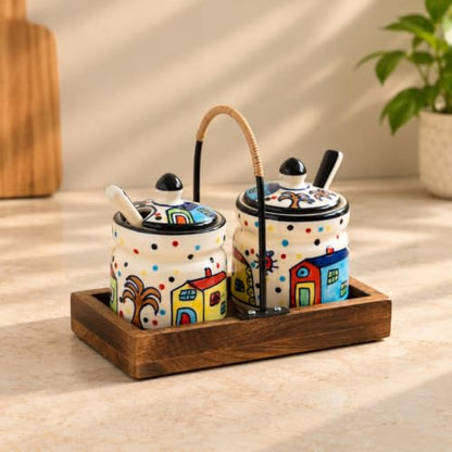 Image 1 of Default Title for the product ExclusiveLane Hut Handpainted Ceramic Pickle Jars with Spoon & Wooden Holder Set of 2, 280 ml