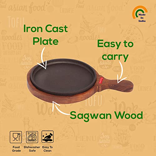 Image 3 of HAZEL Cast Iron Sizzler Plate with Wooden Base and Handle | 8 Inch Round