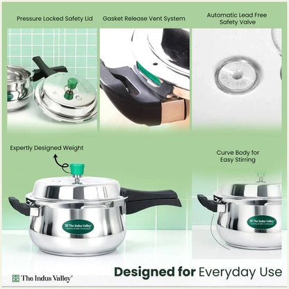 Image 10 of The Indus Valley Premium Stainless Steel Outer Lid Handi Pressure Cooker 1.5L/3.5L/5.5L, Premium Quality, Heavy Bottom, 100% Safe, ISI Certified, 3 Yr Warranty, Induction & Gas
