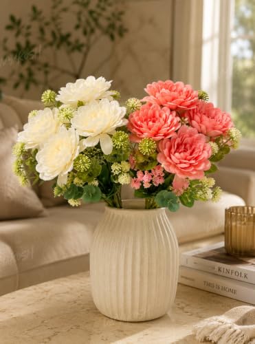 Image 4 of Divyakosh Artificial Flower Bunch Set of 2 (Vase Not Included) | White + Coral Peach| 8 Large Flowers, 8 Filler Stems | 35 cm Decorative Artificial Flowers for Home, Living Room & Table Decor