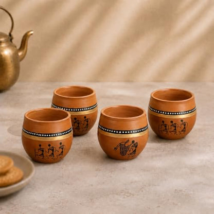 Image 1 of Default Title for the product ExclusiveLane Warli Clay Terracotta Kullad Cups Set (Set of 4, 220 ml)