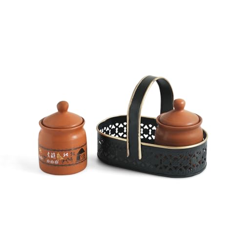 Image 3 of ExclusiveLane Warli Village Tales Handcrafted Ceramic Pickle Jar Set of 2, 250 ML