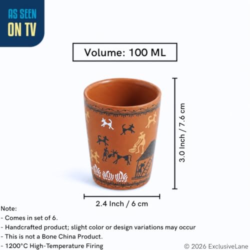 Image 6 of ExclusiveLane Warli Village Tales Handcrafted Ceramic Cutting Chai Glasses Set of 6 Tea Glasses Tea Cups Coffee Mug 100 ML Microwave Safe