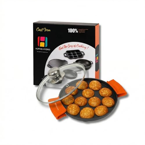 Image 1 of 12 Pit + Lid + Silicone Grips for the product Human Hydro Pre-Seasoned Cast Iron Paniyaram Pan