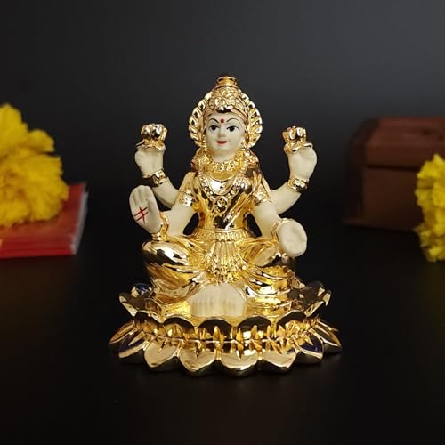 Image 3 of Gold Art India Laxmi Idol on Kamal Gold Plated with Off White Terracotta Work with Gold Plated Coin