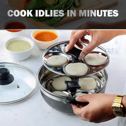 Image 6 of CELLO Magna Stainless Steel Idli Maker (2 Plates  1 Kadai) with Glass Lid For Kitchen | Riveted Sturdy Handle, Gas Stove & Induction Compatible, Tempered Glass Lid with Steam Vent, Easy to Cooking