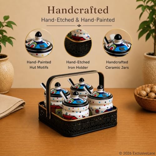 Image 4 of ExclusiveLane The Hut Multi-Purpose Ceramic Pickle Jars with Iron Holder Set of 4 220 gram Each