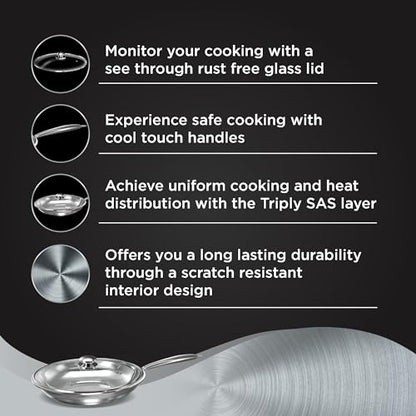Image 5 of Preethi Metallica Collection Triply Stainless Steel Frypan with Glass Lid, 26 cm, Gas & Induction Compatible, Metal Spatula Friendly
