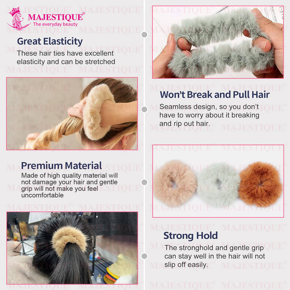 Image 4 of Majestique Fancy Spongy Fur Hair Rubber Band Elastic Ponytail Holder Hair Band - 10Pcs (Multicolor)