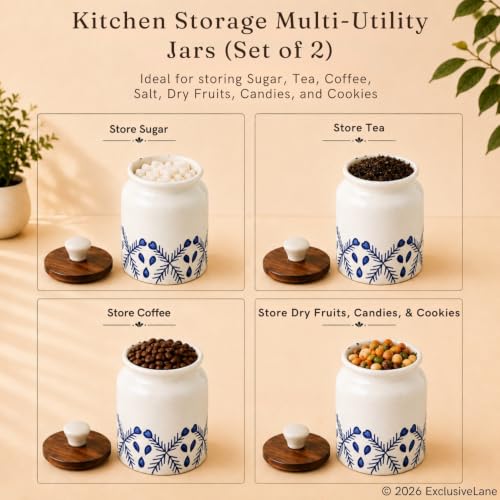 Image 4 of ExclusiveLane 'Royal Mughal' Airtight Ceramic Jars For Kitchen Storage With Wooden Lid Ceramic Containers For Pickle Cookies Sugar Dry Fruits (Set of 2, Airtight, 380 ML, Hand-Painted, 13.4 Cm)