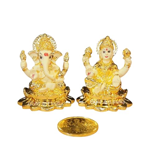 Image 3 of Gold Art India Laxmi Ganesh Gold Plated Off White Terracotta Idol for Home With Coin (2.8 Inch)