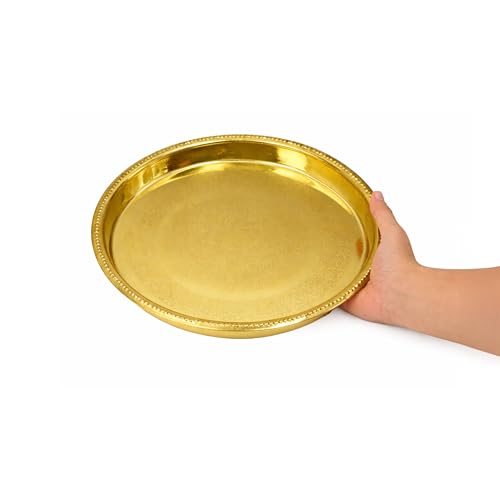 Image 6 of Spillbox Brass Pooja Thali For Mandir Traditional Pital Puja Engraved Aarti Thali -9 Inch-Petal Plate