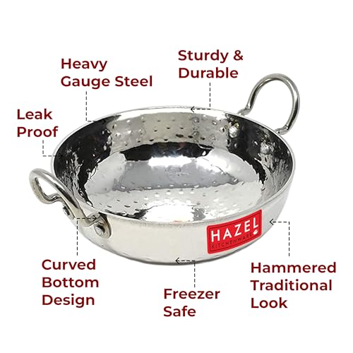 Image 4 of HAZEL Stainless Steel Kadai with Handle Curved Bottom Hammered Tone Design, 700 ml