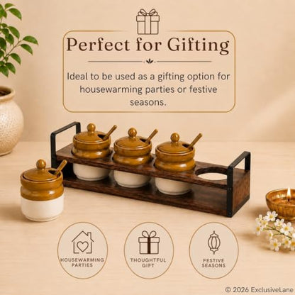 Image 6 of ExclusiveLane Barni Tales Ceramic Pickle Jars with Spoon & Wooden Holder Set of 4 270 ml