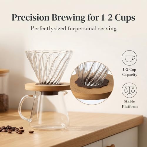 Image 3 of Supvox Pour Over Coffee Dripper for 1-2 Cups Bamboo Base Borosilicate Glass
