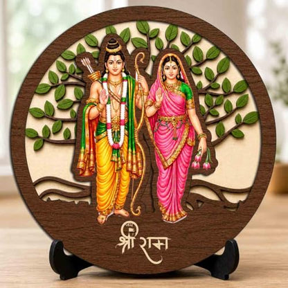 Image 1 of Default Title for the product Ram Sita Round Wooden Devotional Idol with Stand for Puja Room, Home Decor & Religious Gift - 5x5 Inch